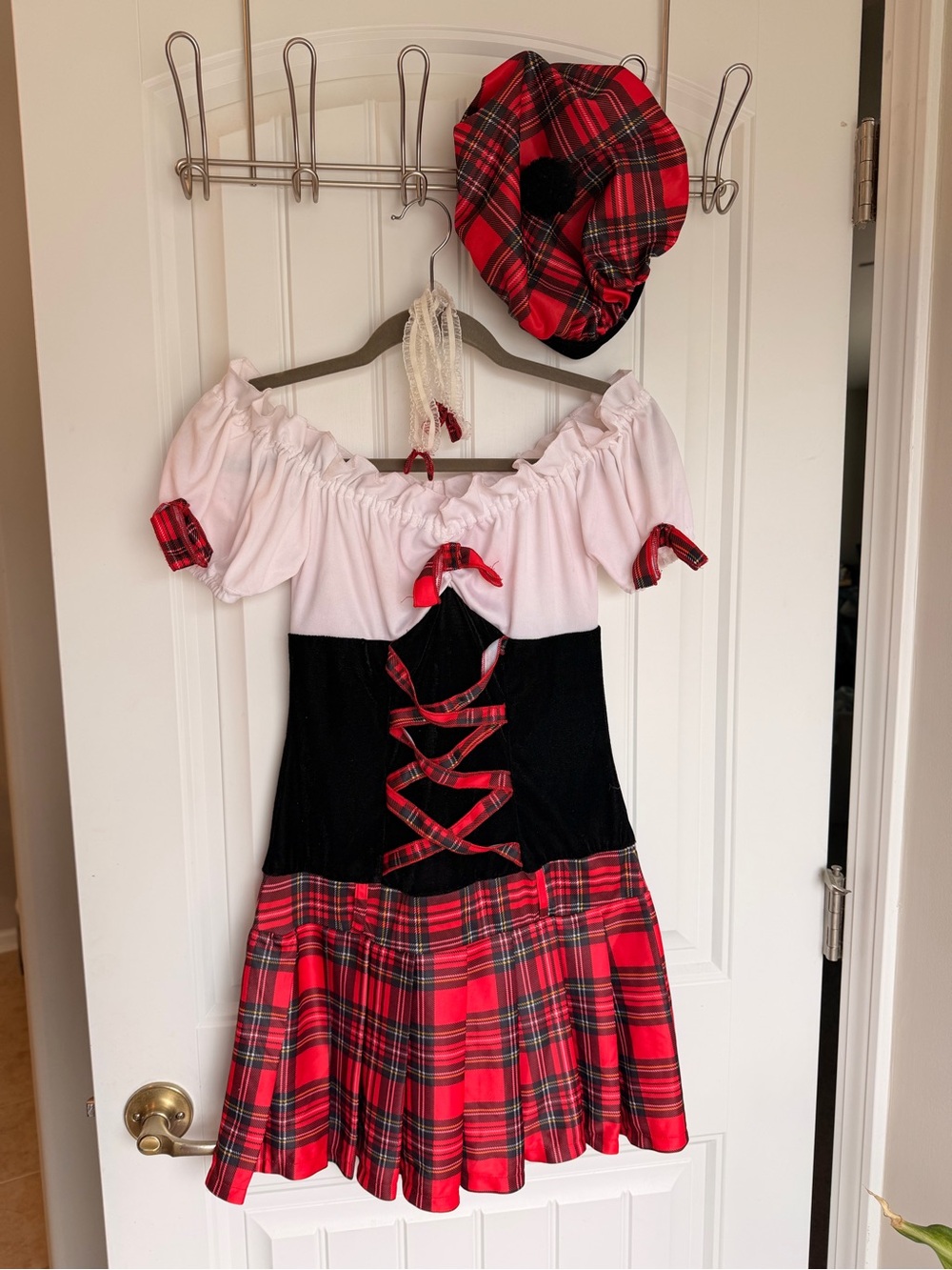 Dreamgirl Red Plaid Scottish girl Costume Dress with Black Bodice and Hat